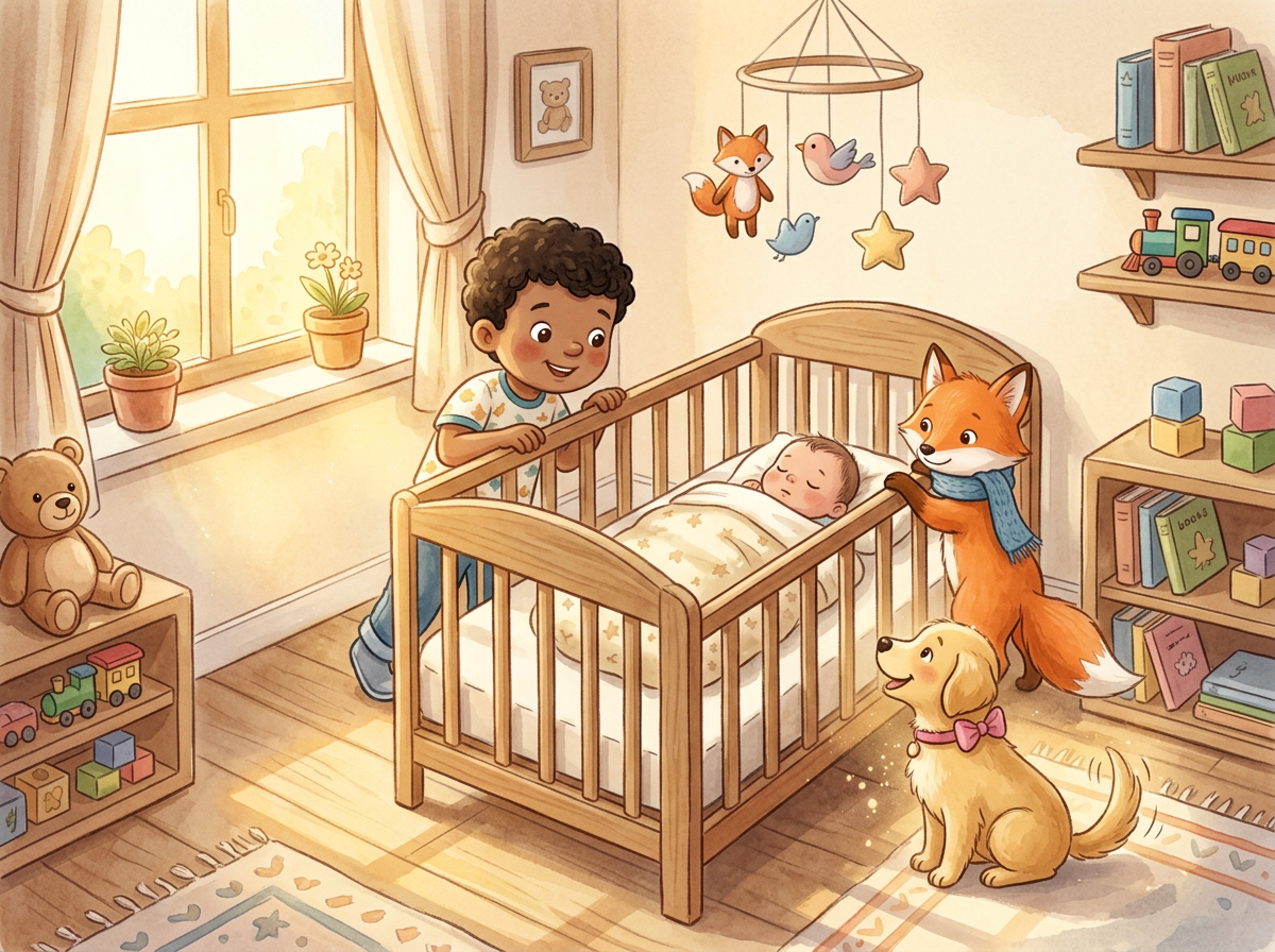 Gemaltes Kind schaut mit dem Fuchs und einem Hund in eine Wiege mit Baby